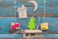 Christmas decorations with fir tree, sleigh and gifts Royalty Free Stock Photo