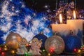 Christmas decorations and fireworks Royalty Free Stock Photo