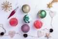 Christmas decorations flat lay on white background isolated. Holiday concept. Royalty Free Stock Photo