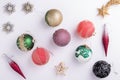 Christmas decorations flat lay on white background isolated. Holiday concept. Royalty Free Stock Photo