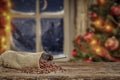 Christmas decorations and fresh coffee beans in jute sack with blurred christmas tree and sowy night window background.