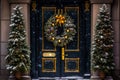 Christmas Decorations At Front Door of House. AI generated Royalty Free Stock Photo