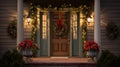 Christmas Decorations Front Porch Home. Inviting Christmas doorway. Christmas house entrance decorated for holidays with garlands Royalty Free Stock Photo