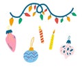 Christmas decorations. Garland, colorful lights, balloons and candles. Decorations for the holiday and at home. Vector Royalty Free Stock Photo