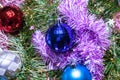 Christmas decorations. Garlands and balls of different colors.