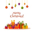 Christmas decorations and gift boxes in colorful cartoon flat style. Royalty Free Stock Photo