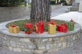Christmas decorations with Christmas gift boxes in a city park Royalty Free Stock Photo