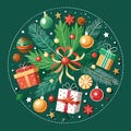 Christmas decorations gift boxes. christmas tree branches. view from above on dark green background Royalty Free Stock Photo
