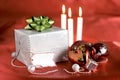 Christmas decorations and gift package with tag