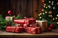 Christmas Decorations and Gift Wrapping on a Wooden Table