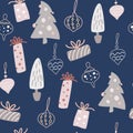 Christmas decorations and gifts seamless pattern. Winter holidays background in Scandinavian Style. Cute Vector hand draw Royalty Free Stock Photo