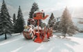 Christmas decorations and gifts in a snow-covered forest glade illuminated by the winter sun