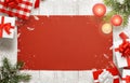 Christmas decorations and gifts on table. Background with free space for text Royalty Free Stock Photo