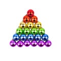 Christmas decorations glass balls pyramid LGBTQ community rainbow flag color white background isolated closeup, LGBT pride symbol Royalty Free Stock Photo