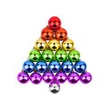 Christmas decorations glass balls in shape of fir tree LGBTQ community rainbow flag color white background isolated close up, LGBT Royalty Free Stock Photo