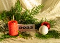 Christmas decorations, green needles, colorful ornaments, text 2023, Merry Christmas