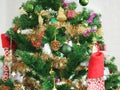 Christmas decorations green tree hanging, gold Gift box, green ball, brown Pine cones, socks, footwear, pink bell wrapped around Royalty Free Stock Photo