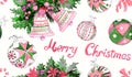 Christmas decorations and greetings, pink and green colors palette, hand painted watercolor illustration, seamless pattern design Royalty Free Stock Photo