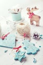 Christmas decorations - hand made ceramic star, tree, heart and wooden reindeer Royalty Free Stock Photo