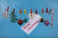 Christmas decorations hang on a rope. Christmas card Royalty Free Stock Photo