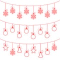 Christmas decorations hanging. Christmas chains with snowflakes, balls, trees and stars