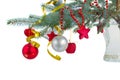 Christmas decorations hanging on fir blue tree Royalty Free Stock Photo