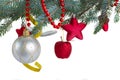 Christmas decorations hanging on fir tree Royalty Free Stock Photo