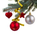 Christmas decorations hanging on fir tree Royalty Free Stock Photo