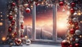 christmas decorations highly intricately detailed photograph of Extra wide Christmas border with hanging garland around a window Royalty Free Stock Photo