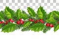 Seamless Christmas pattern with holly, red berries and fir branches. Festive fir ribbon. Seamless natural decoration. Vector. Royalty Free Stock Photo