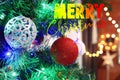 Christmas decorations hung on the Christmas tree. Merry Christmas Royalty Free Stock Photo