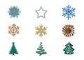 Christmas decorations isolated on white background. Snowflakes, stars, Christmas trees. Blue, gold, green Christmas decorations. Royalty Free Stock Photo