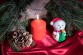 Christmas decorations with little toy snowman, candle burning, cone and fir tree branches