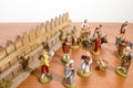 Christmas decorations, nativity scene statues on a wood table Royalty Free Stock Photo