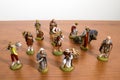 Christmas decorations, nativity scene statues on a wood table Royalty Free Stock Photo