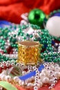 Christmas decorations, new year invitation card, drums, pearls and balls Royalty Free Stock Photo