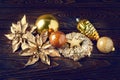 Christmas decorations. New Year\'s decorations on a dark wooden background. Royalty Free Stock Photo