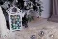 Christmas decorations in pastel shades and lying on sheepskin