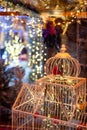 Christmas decorations in the pet store. Beautiful bird cages Royalty Free Stock Photo