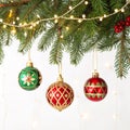 Christmas decorations on pine branches isolated on white background Royalty Free Stock Photo