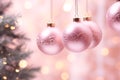 Christmas decorations of pink balls, hanging on the upper edge of the postcard