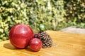 Christmas decorations placed on a wooden table Royalty Free Stock Photo