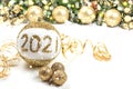 Christmas decorations, postcard, banner for showing, Happy new year 2021 background with bokeh lights, branches with balls and Royalty Free Stock Photo