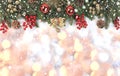 Christmas decorations, postcard, banner for showing, Happy new year 2021 background with bokeh lights, branches with balls and Royalty Free Stock Photo