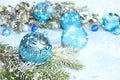 Christmas decorations, postcard, banner for showing, Happy new year 2021 background with bokeh lights, branches with balls and Royalty Free Stock Photo