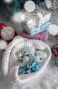 Christmas decorations are prepared to dress up the Christmas tree. Christmas decor with toys, garlands and fir branches. Bokeh and Royalty Free Stock Photo