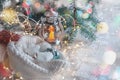 Christmas decorations are prepared to dress up the Christmas tree. Christmas decor with toys, garlands and fir branches. Bokeh and Royalty Free Stock Photo