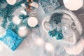 Christmas decorations are ready to dress up the Christmas tree. Christmas decor with toys, garlands and fir branches. Bokeh and Royalty Free Stock Photo