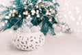 Christmas decorations are ready to dress up the Christmas tree. Christmas decor with toys, garlands and fir branches. Bokeh and Royalty Free Stock Photo