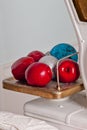 Christmas decorations with red apples, balls and vintage trade scales